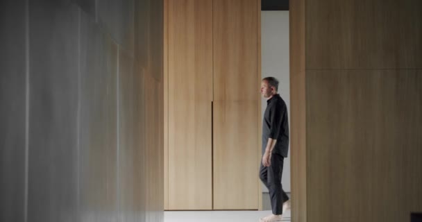 Man Goes House Modern Contemporary Minimalist Living Room Wooden Wall — Stock Video