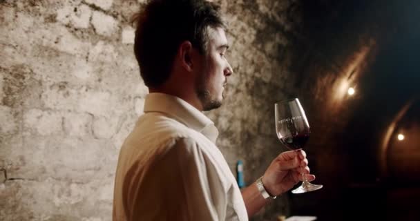 Homme Dégustant Vin Dans Une Usine Entrepôt Concept Vinification Heureux — Video