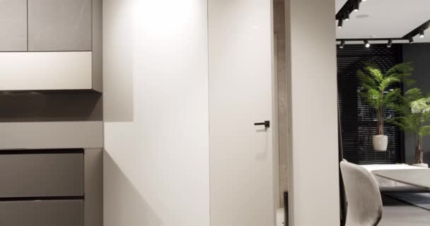 Den Minimalistiska Vita Dörren Stängd Ett Modernt Hem Modern Lägenhet — Stockvideo