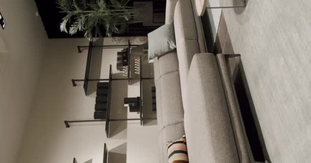 コーナーソファ 本棚付きの高級モダンハウスインテリア ミニマリストホームインテリア 現代的な家具デザイン 豪華なエレガントなお部屋です 不動産専用住宅 垂直ビデオ — ストック動画