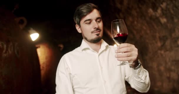 Vintillverkningskoncept Glad Framgångsrik Manlig Vinmakare Provar Smak Och Kontrollerar Färsk — Stockvideo