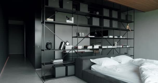 Elegantes Interieur Mit Schwarzen Und Weißen Farben Minimalistisches Schlafzimmer Schlafzimmer — Stockvideo