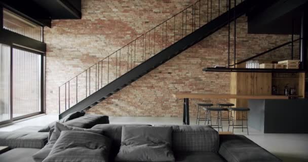 Modern Spacious Wooden Kitchen Room Wall Bricks Black Staircase Gray — Stock Video