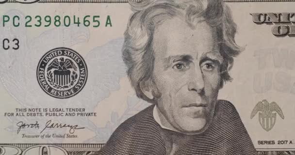 美国总统安德鲁杰克逊在美国 美国20美元纸币在宏观范围内放大 二十美元的衣服 放大20美元的钞票 美国货币 — 图库视频影像