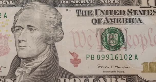 米国のハミルトン大統領 アメリカの10ドル紙幣はマクロを拡大する 10米ドルのキャッシュマクロビュー 10ドルの現金 概念金融事業投資の成功 — ストック動画