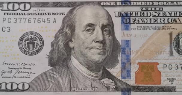 Американська Банкнота Сто Доларів Макрофоні 100 Мільйонів Доларів Готівкою Сотня — стокове відео