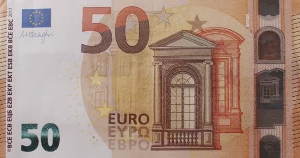 Zoom Movimiento Billete Euros Parte Delantera Cincuenta Euros Efectivo Vista — Vídeo de stock