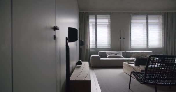 现代客厅 豪华简约的设计 真正的公寓与白色和灰色色调 雅致的椅子和豪华家具 白色地毯和黑色音频技术 — 图库视频影像