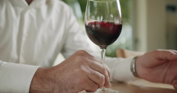 Koncepcja Produkcji Wina Człowiek Winiarz Degustacja Wina Sommelier Potrząsa Kieliszkiem — Wideo stockowe