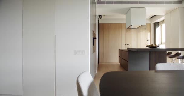 漂亮的厨房内部与新的时尚家具 豪华住宅的现代室内装饰 简约公寓厨房房间里的现代厨房和酒吧褐色椅子 最低限度厨房 — 图库视频影像