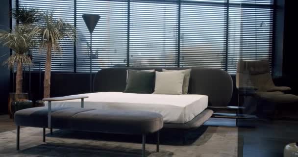 优雅的室内设计 最低限度的卧室 现代卧房的内部和床上有许多枕头 简约的内部丑闻风格 有一张国王床的精致而简朴的卧室 — 图库视频影像