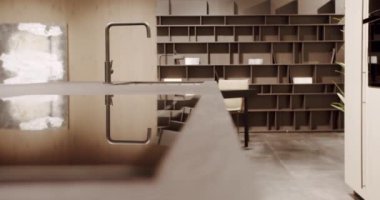 Modern wooden kitchen room furniture. Elegant, Comfortable and Minimalist Home. Domestic Kitchen with modern black sink. Modern Kitchen room with minimalist dining table. Modern Minimalist Home.