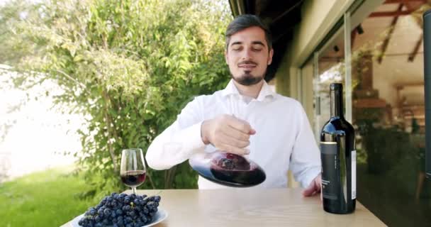 Sommelier Agita Vinho Tinto Num Decantador Câmara Lenta Homem Elegantemente — Vídeo de Stock