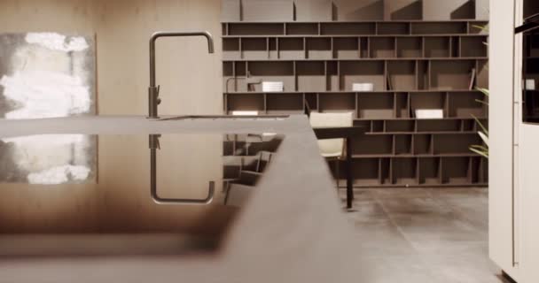 Mobília Moderna Sala Cozinha Madeira Elegante Confortável Minimalista Cozinha Doméstica — Vídeo de Stock