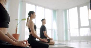 Fitness stüdyosunda sağlıklı bir yaşam tarzı egzersizi, nilüfer poz verme egzersizi, evde birlikte meditasyon yapma, konsantrasyon egzersizi. Sınıfta grup egzersizlerinden sonra dinleniyorum. Yoga Kulübü