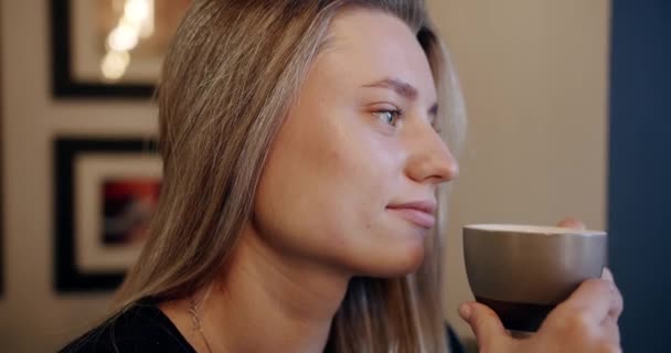 Vrouwelijke Freelancer Die Koffie Roert Café Handheld Shot Van Jonge — Stockvideo