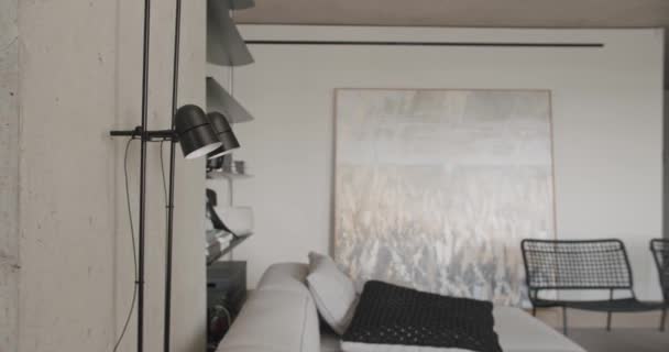 Вітальня Розкішний Мінімалістичний Дизайн Реальна Квартира Білими Сірими Тонами Елегантний — стокове відео