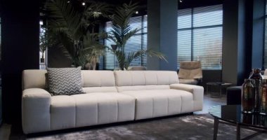 Bej ve beyaz mobilyalı modern Minimalist oturma odası. Moda mobilyalar. Minimalist İç İşleri. Samimi Modern Mobilya Tasarımı. Lüks Zarif Oda. Gayrimenkul özel evi.
