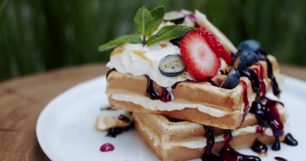 Tatlı Kahvaltı Yemeği Çilekli Tam Tahıllı Waffle Yabanmersini Nane Böğürtlen — Stok video