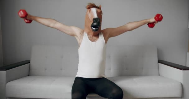 Αστεία Φυσική Κατάσταση Στο Σπίτι Αστείος Άνθρωπος Μάσκα Αλόγου Κάνει — Αρχείο Βίντεο