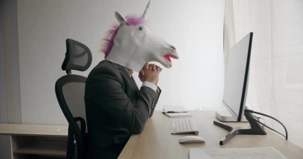 Businessman Unicorn Mask Counting Stack Cash Money Dollar Profit Salary — Stock Video