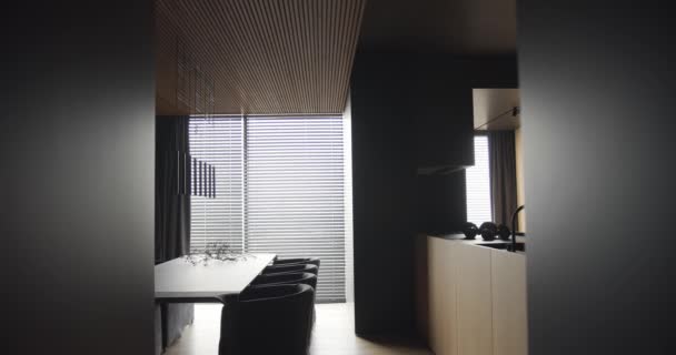 Contemporary Modern Minimalist Design Apartment Stylish Interior Luxury Kitchen Wood — Stockvideo