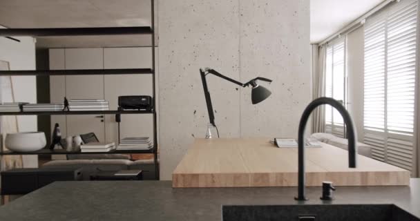 Modern Kitchen Room Minimalist Apartment Dining Area Natural Wood Black — Stockvideo