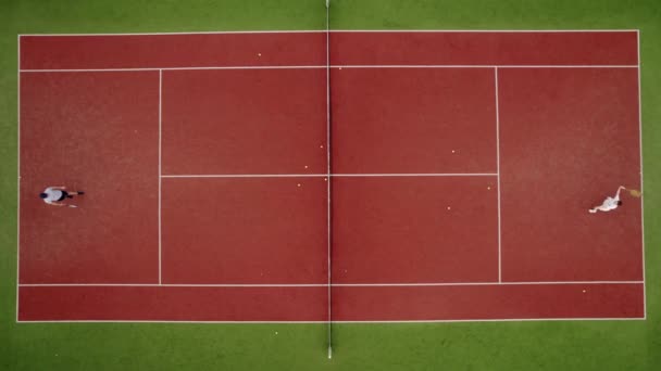 Friends Play Tennis Carpet Courts Outdoors Aerial Top Drone Shot — Stock Video