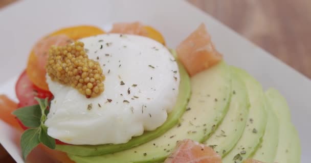 Fast Food Burger Poached Egg Delicious Croissant Cheese Avocado Mustard — Stock Video
