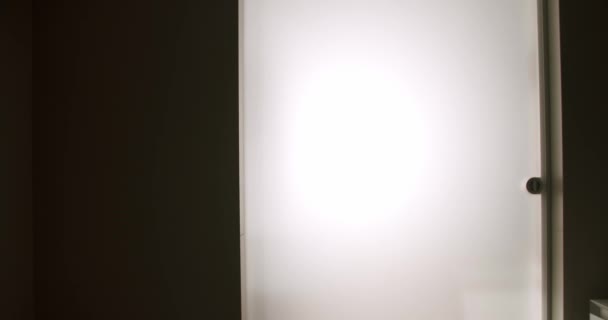 Фигура Человека Идет Дверью Силуэт Человека Идущего Прямо Прозрачная Дверь — стоковое видео