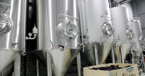 Stainless Steel Tanks Brewing Beer Huge Stainless Vats Brewery Equipment — Αρχείο Βίντεο