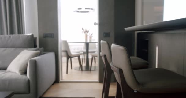 Bar Stools Modern Gray Furniture Minimalist Interior Transparent Door Bar — Stock Video