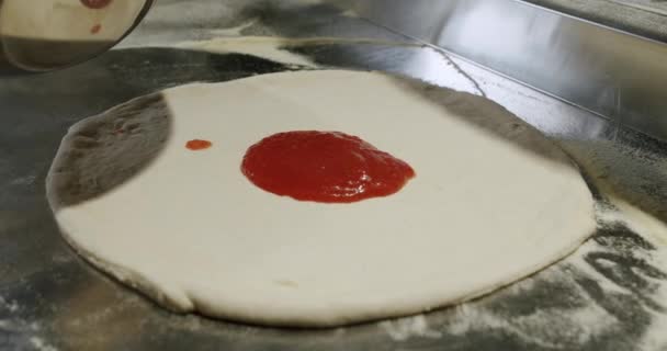Chef Prepares Pizza Restaurant Kitchen Italian Neapolitan Pizza Large Dough — Stock Video