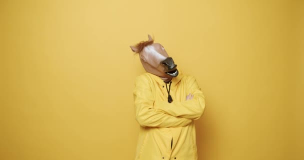 Man Horse Mask Making Funny Gestures Funny Guy Yellow Suits — Stock Video
