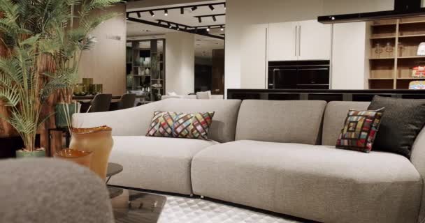 现代简约的客厅 有白色和米黄色的家具和白色厨房 奢华的现代住宅 白色面料 椅子和书架 房地产私人住宅 — 图库视频影像