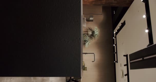 奢华的厨房 有一个岛 豪华住宅的现代室内装饰 现代铬水龙头 新家的简约设计 真正奢华的室内设计 新古典主义风格 舒适的内部 垂直录像 — 图库视频影像