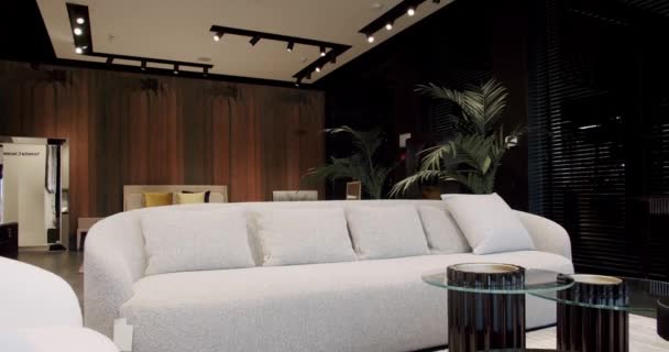 现代简约主义客厅与米色和白色家具 时尚的家具 简约家庭内部 舒适的现代家具设计 奢华雅致的房间 房地产私人住宅 — 图库视频影像