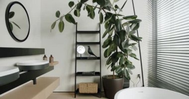 Modern iç mekanı, serbest banyo küveti, lavaboları, dekoratif raf merdivenleri, yerde saksı bitkisi, duvarda ayna ve panoramik pencereli panjurlar..