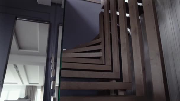 Wooden Stairs Natural Materials Modern House Closeup Detail Interior Stylish — Stock Video
