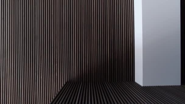 墙面和天花板上的木制嵌板的公寓与现代的内部 倒置的观点 以简约主义风格在家中用天然木料装饰 — 图库视频影像