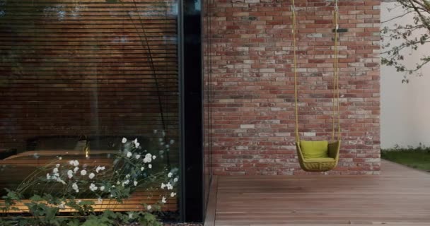 Veranda Hanging Swing Modern Cottage House Panoramic Window Stylish Bedroom — Stock Video