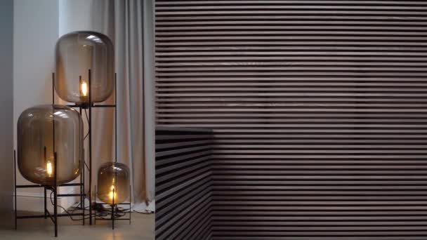Dinding Dengan Panel Kayu Dekoratif Dan Lampu Dengan Kap Lampu — Stok Video