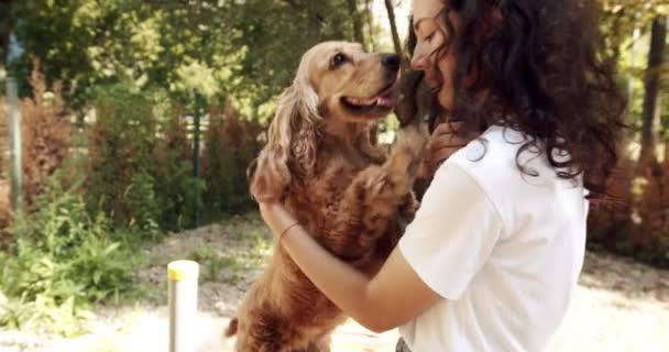 Μια Γυναίκα Παίζει Σκύλο Της Αγκαλιές Φιλιά Και Πόζες Όμορφα — Αρχείο Βίντεο