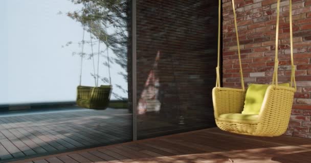Empty Wicker Garden Swing Chair Swinging Veranda Modern Vacation House — Stock Video