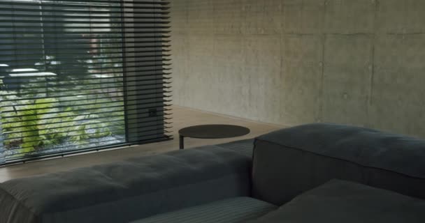 Detail Wohnzimmer Interieur Bequeme Couch Couchtisch Aus Metall Und Panoramafenster — Stockvideo