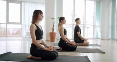 Sağlıklı yaşam tarzının tadını çıkarıyor fitness stüdyosunda egzersiz yapıyor, nilüfer pozu veriyor, yoga sınıfında birlikte meditasyon yapıyor, konsantrasyon egzersizi yapıyor. 