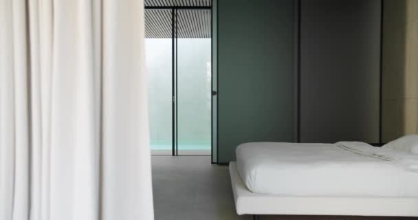 Dormitorio Con Interior Minimalista Casa Campo Moderna Cómoda Cama Doble — Vídeos de Stock