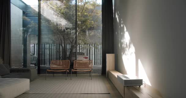 Wohnzimmer Minimalistischen Stil Bequeme Graue Couch Holztv Ständer Teppich Auf — Stockvideo