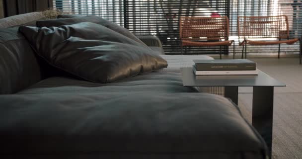 スタイリッシュなコテージハウスにモダンな内装のリビングルーム 枕付きの快適なソファ 本付きサイドテーブル フロアラグ ブラインド付きのパノラマウィンドウ近くの椅子 — ストック動画