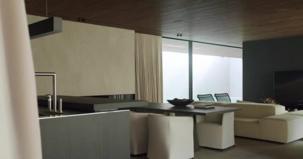 Modernes Ferienhaus Mit Modernem Interieur Stilvollen Möbeln Und Glaswand Wohnzimmer — Stockvideo